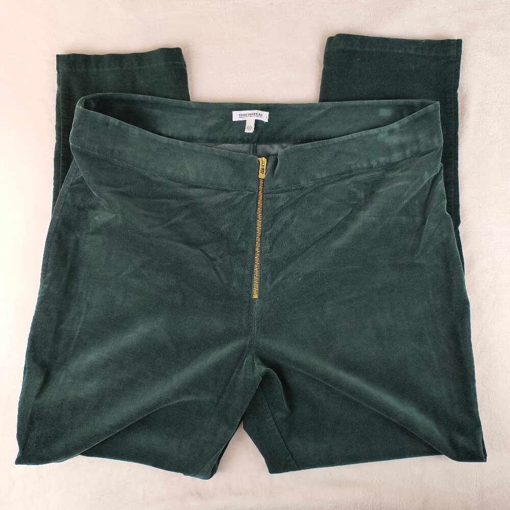 Good American Velvet Pants High Rise Zipper Front Ankle Zip Dark Green Christmas